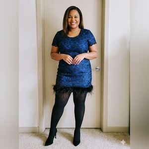 My Michelle Blue Lace & Feather Trim Cocktail Dress – Size 13/14
